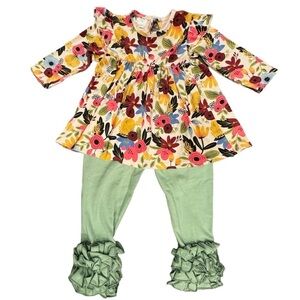 NWOT Kenzie’s Corner Boutique Size 18M Floral Dress & Green Icing Ruffle Pants
